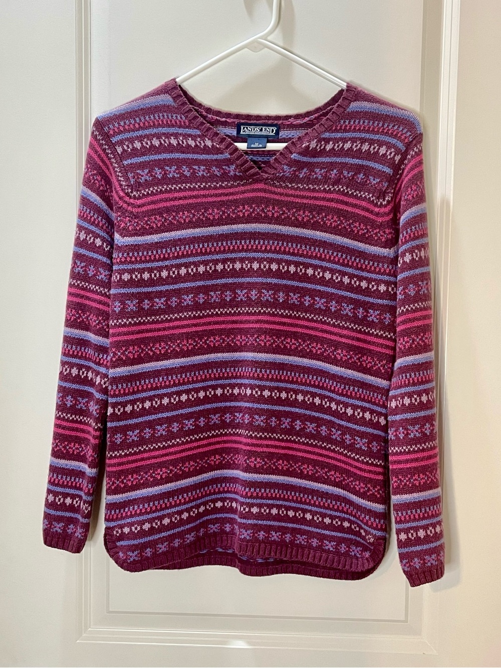 Lands' End 100% Cotton Purple & Pink Fair Isle Striped V-Neck Sweater M